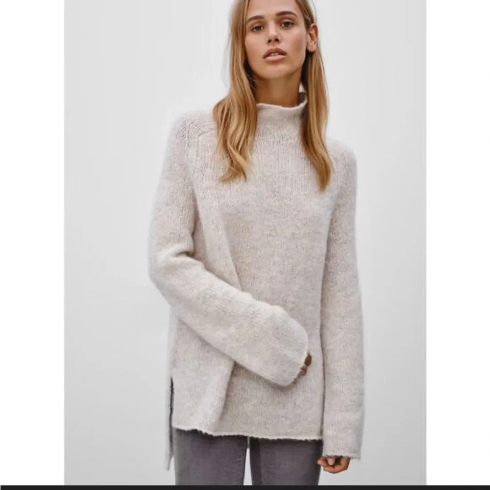 Aritzia Large Golden TNA Wool Blend Mock Neck Knit Sweater. Oatmeal. - Picture 3 of 14